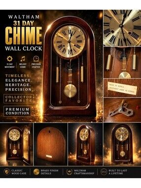 Waltham 31 Day Chime Wall Clock Driven Pendulum Works Key